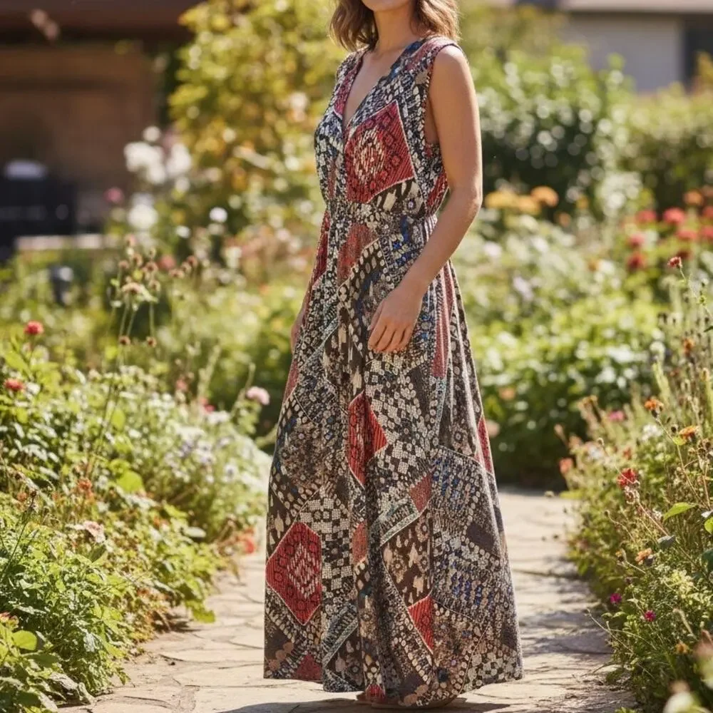 Susan Lawrence Brown Orange Geometric Maxi Dress Sz 2X Stretchy V Neck